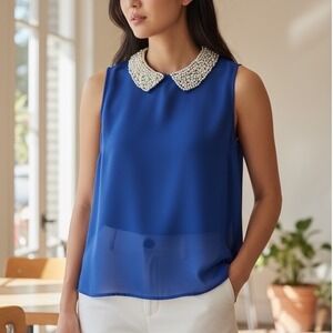 ✨Dizzylissy Royal Blue Sleeveless Top with Beaded Collar - Women's Size‎ Small